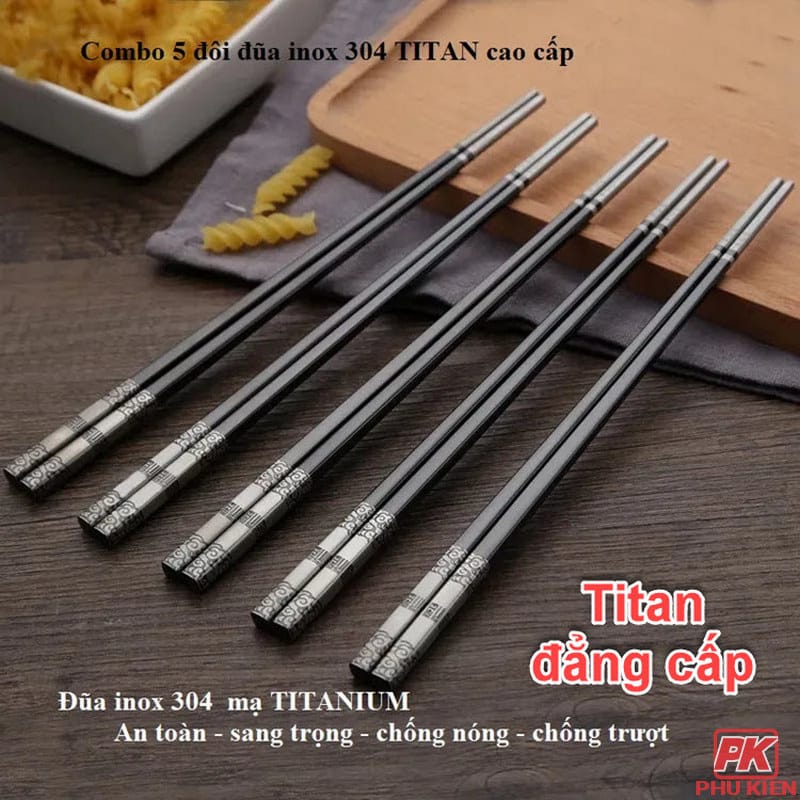 Đũa inox 304 Hàn Quốc mạ Titan chống trơn trượt cao cấp (5 đôi) 5 Đũa inox 304 Hàn Quốc mạ Titan chống trơn trượt