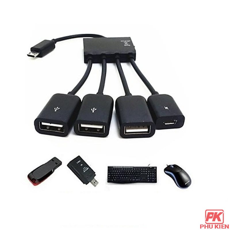 Cáp OTG hỗ trợ Điện thoại kết nối thiết bị ngoại vi 3 Cáp OTG Micro USB 4 cổng hỗ trợ sạc cho Điện thoại