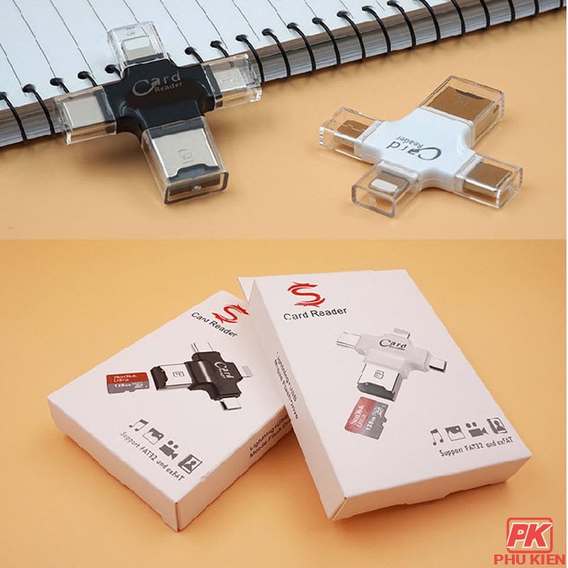 Đầu đọc thẻ nhớ 4 in 1 cho Điện thoại, Máy tính Đầu đọc thẻ nhớ 4 in 1 cho Điện thoại, Máy tính